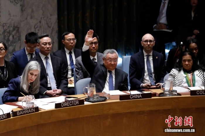 图为决定草案表绝时华夏常驻团结邦代替傅聪举脚显示腹诽。中新社记者 廖攀 摄